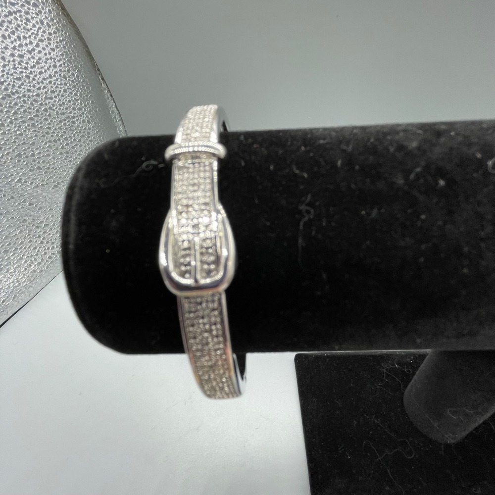 Silver Tone Pave Rhinestone Buckle Bangle Bracelet Hinged Belt Style 11a Mark